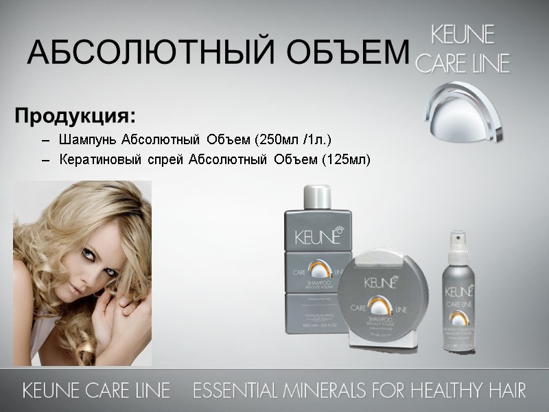 АБСОЛЮТНЫЙ ОБЪЕМ  Продукция: Шампунь Абсолютный Объем (250мл /1л.) Кератиновый спрей Абсолютный Объем (125мл)